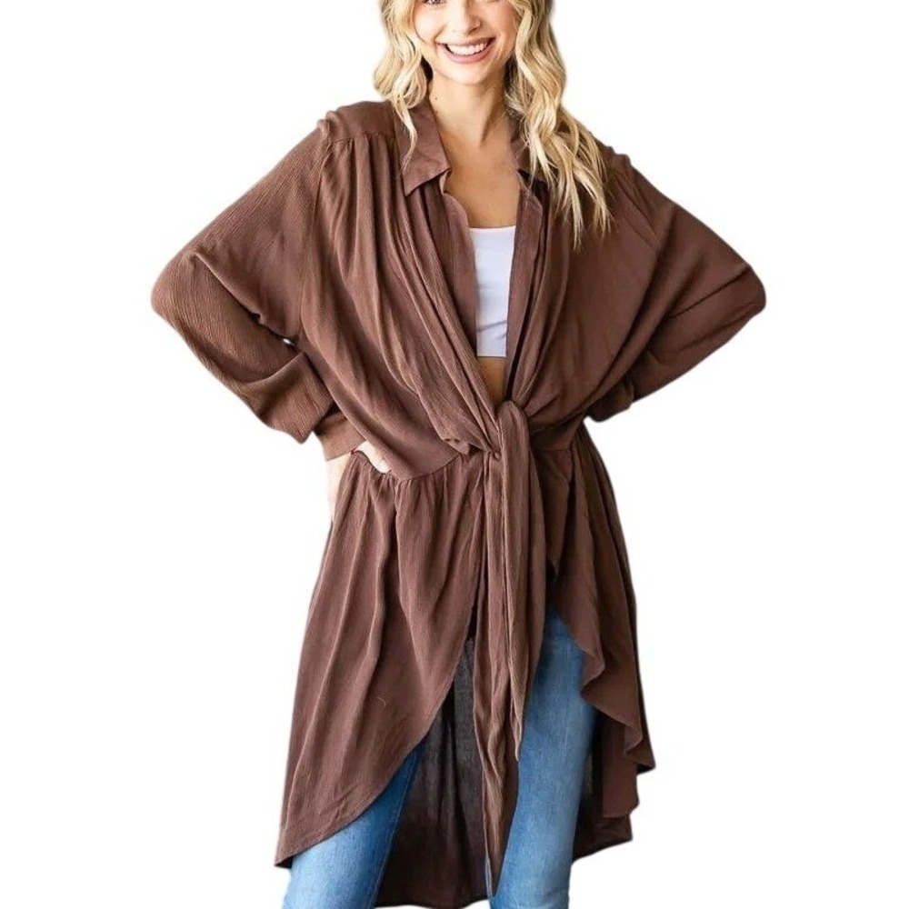 Oli & Hali Womens S Brown Slouchy Boho Long Sleeve Tie Front Cover-Up Tunic Top